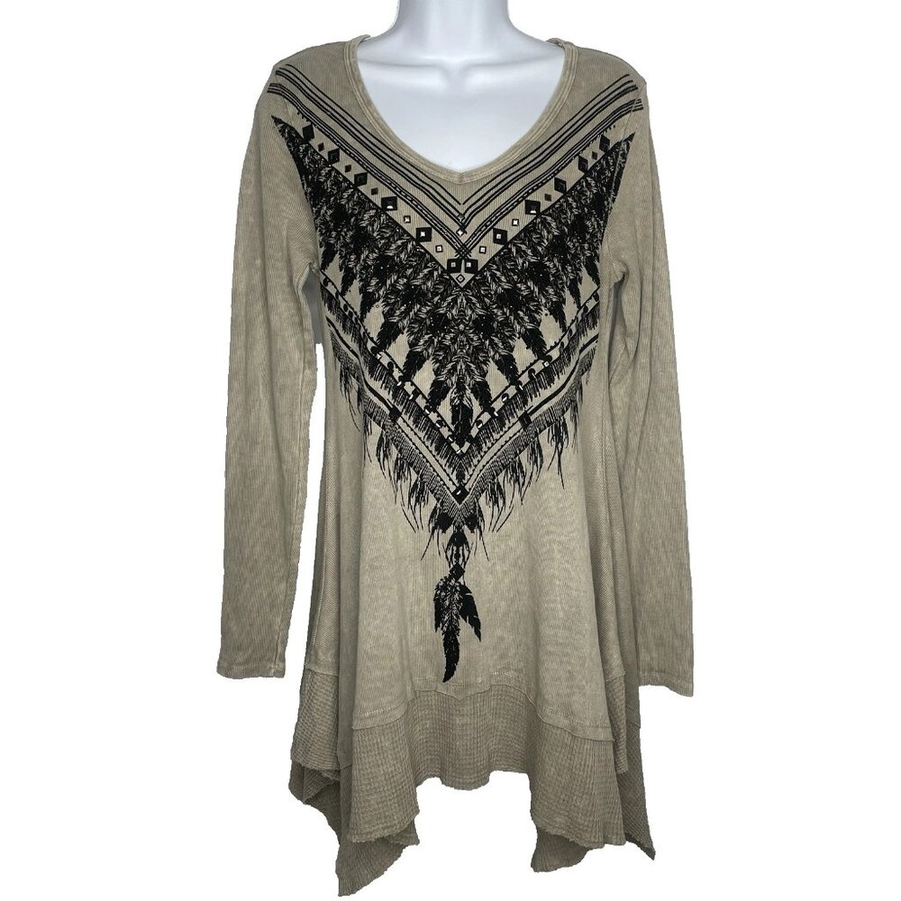 Vocal Feather Tunic Top Size M Beige Black Rhinestone Stud Western Native